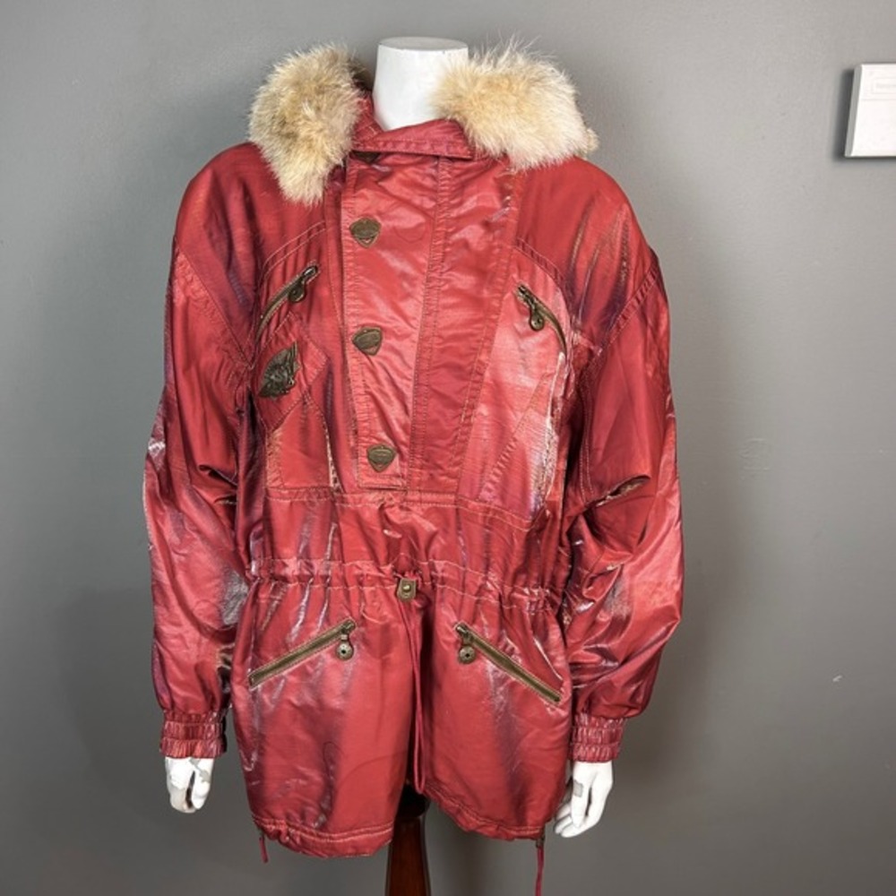 EMMEGI Ski Jacket women's small Anorak Red‎ Metallic Hood Glam VTG Ski wear 90s